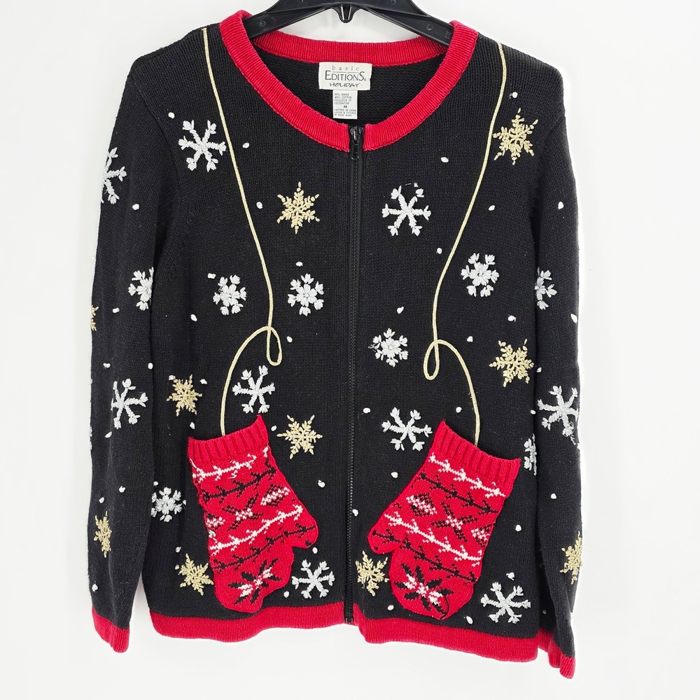 Vintage Womens Christmas Sweater Black‎ Basic Editions Mitten Snowflakes Zip Up